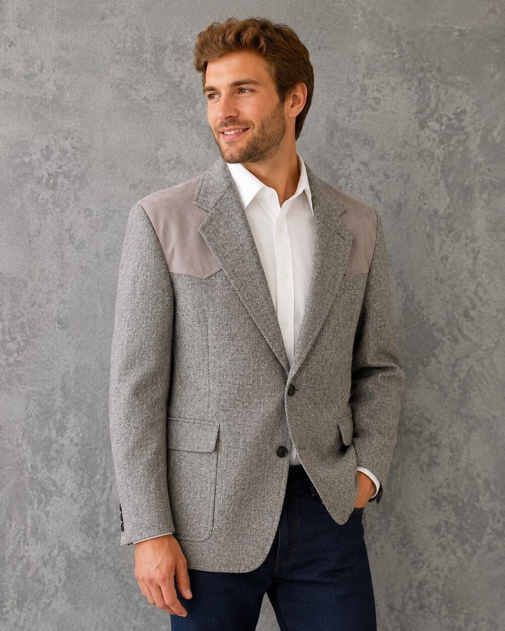Pendleton Western Wool Blazer 45L Gray Brown Suede Yoke USA Cowboy Heritage